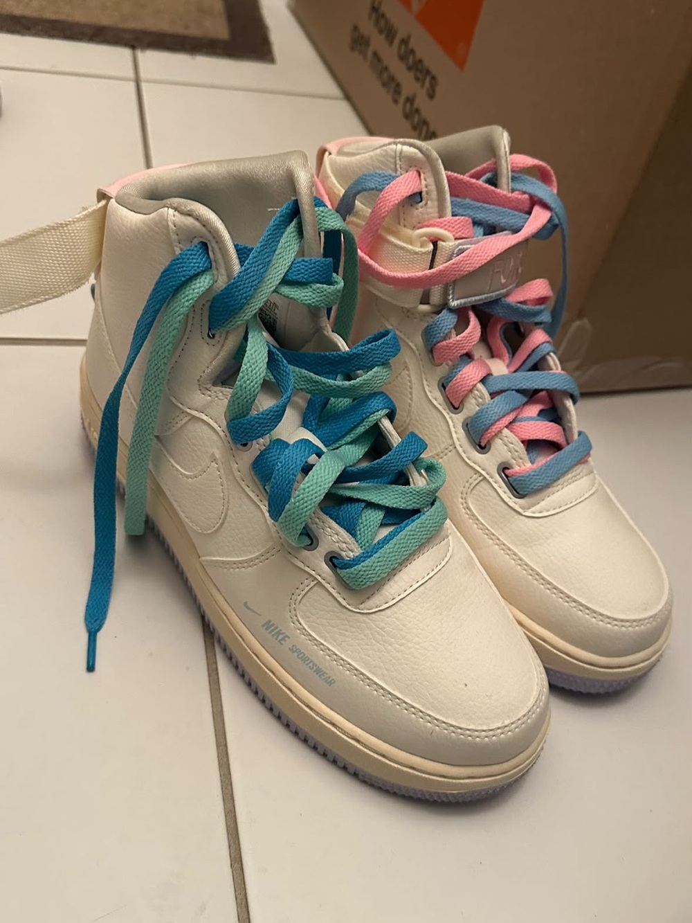 Nike Kids Cream High-Top Sneakers with Blue, Teal & Pink Laces